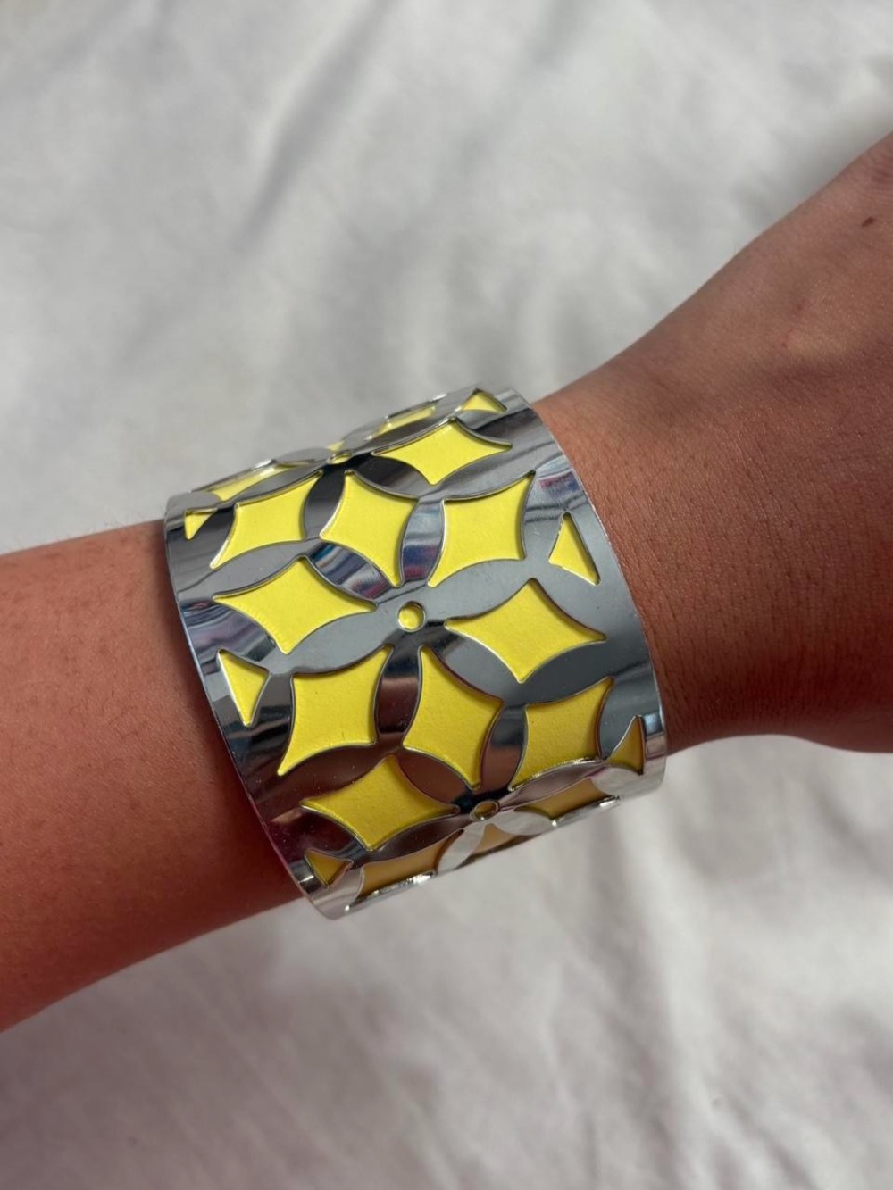 Yellow and Silver Floral Cutout Cuff Bracelet - Unbranded